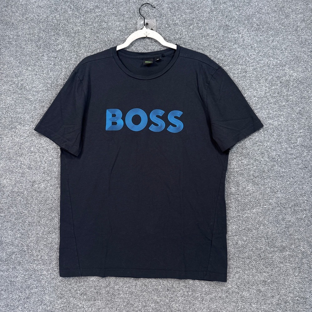 Boss Tshirt Mens XL Black Blue Graphic Logo Crew Neck Cotton Short Sleeve Tee